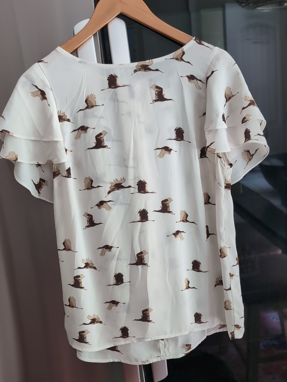 Banana Republic Cream Blouse with Brown Bird Print